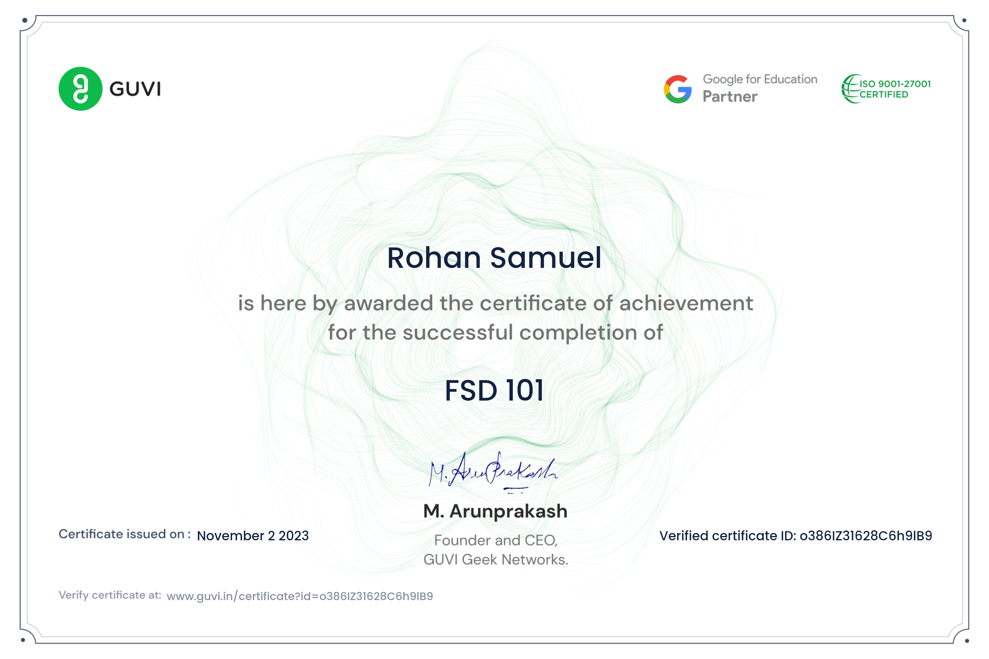 Rohan Samuel Certifications - ROHAN SAMUEL J
