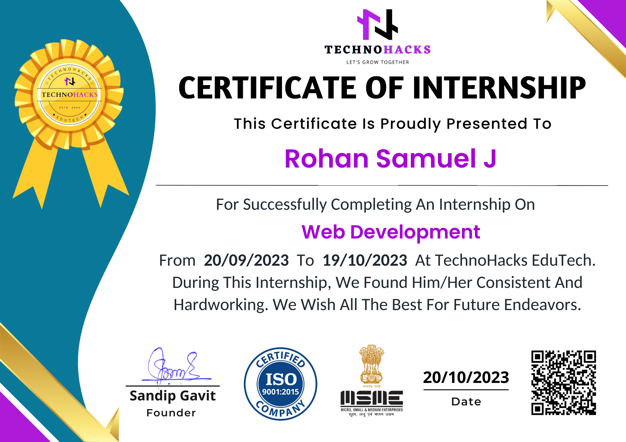 Certifications - ROHAN SAMUEL J