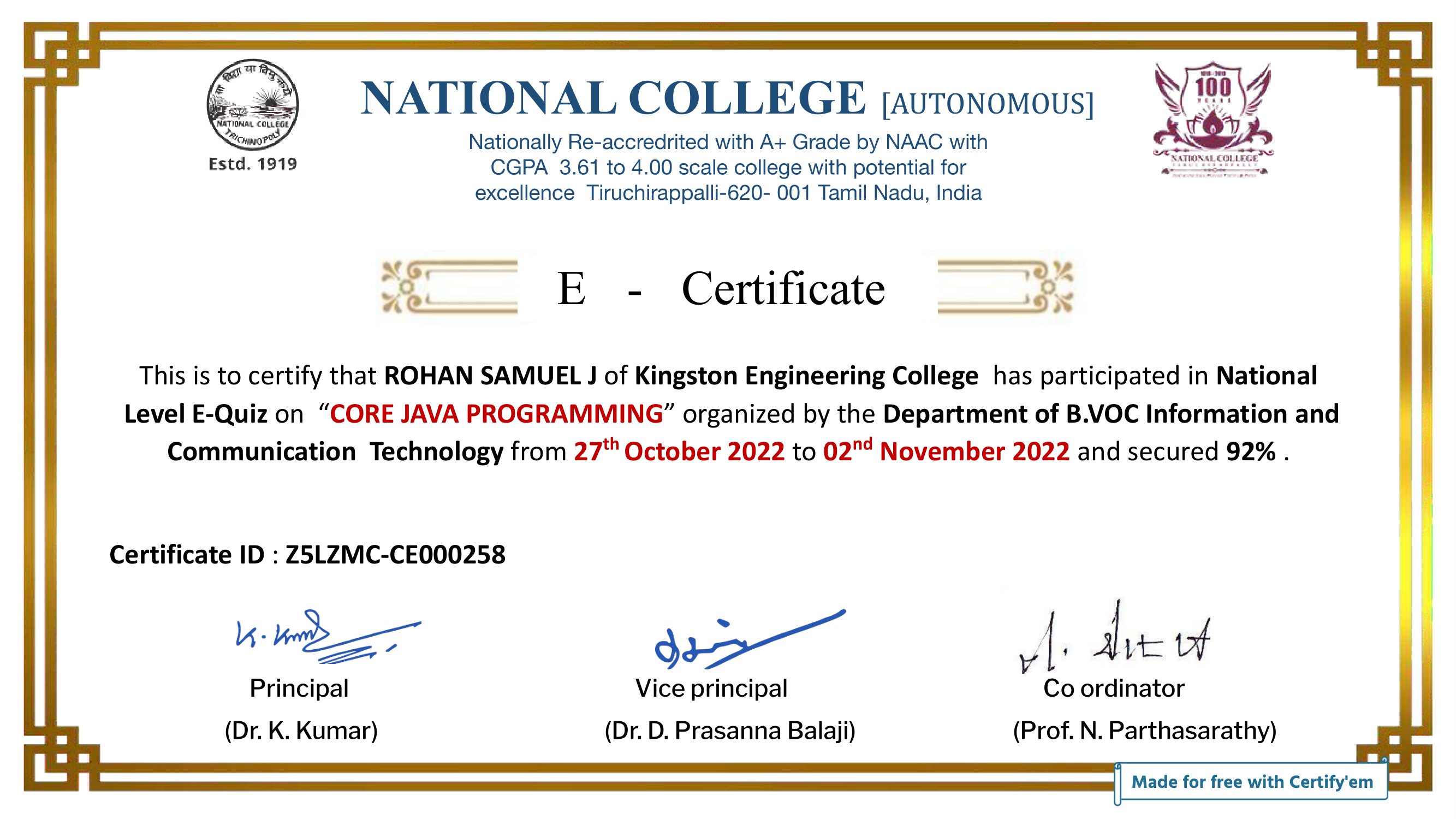 Rohan Samuel Certifications - ROHAN SAMUEL J